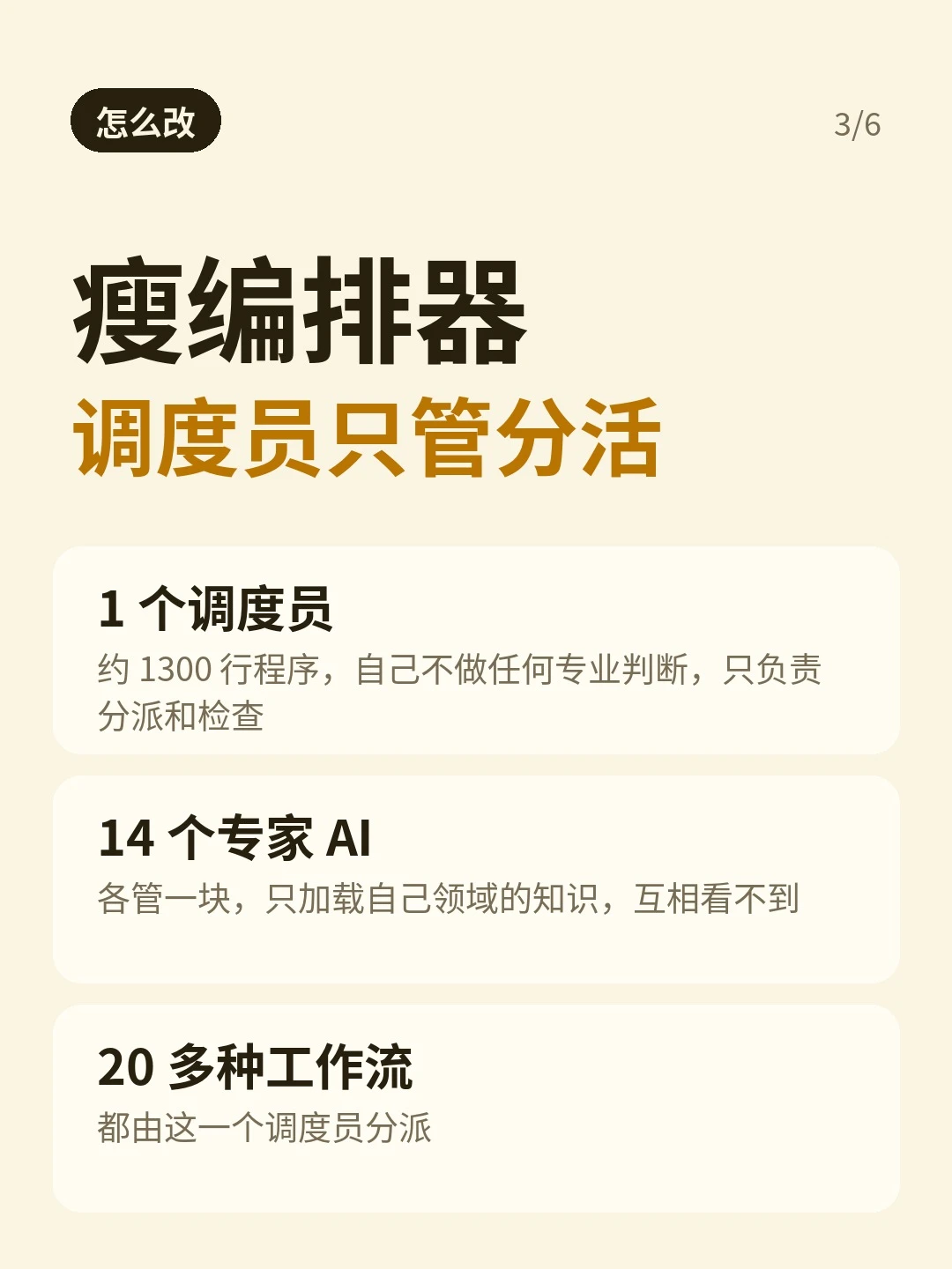 「怎么改」：瘦编排器，1 个调度员、14 个专家 AI、20 多种工作流