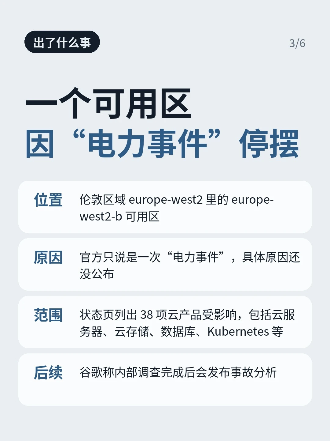 伦敦europe-west2-b可用区因电力事件发生故障，官方状态页列出38项云产品，具体原因待事故分析