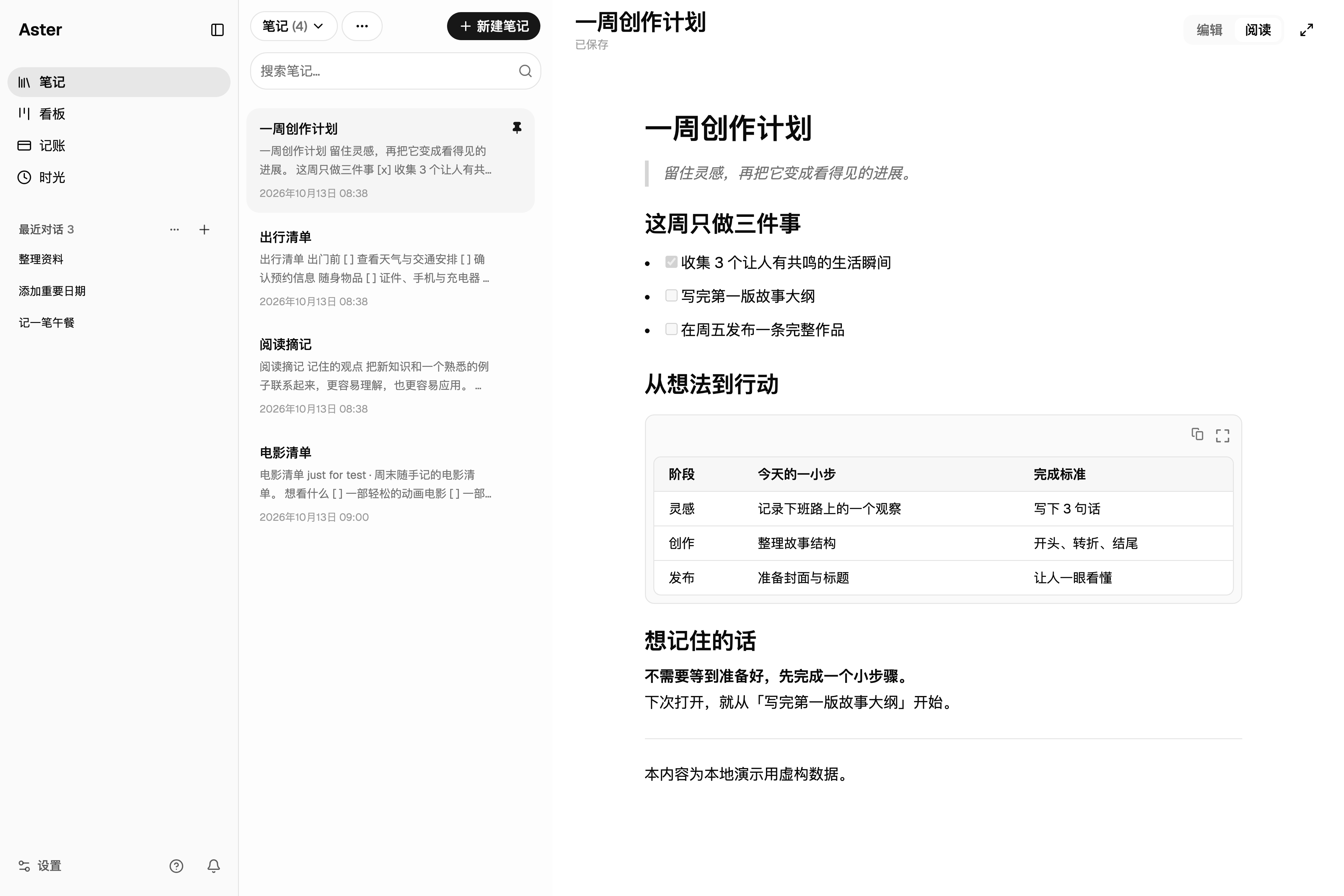 Aster 示例笔记本包含四篇笔记，选中一周创作计划，展示任务清单、表格与引用